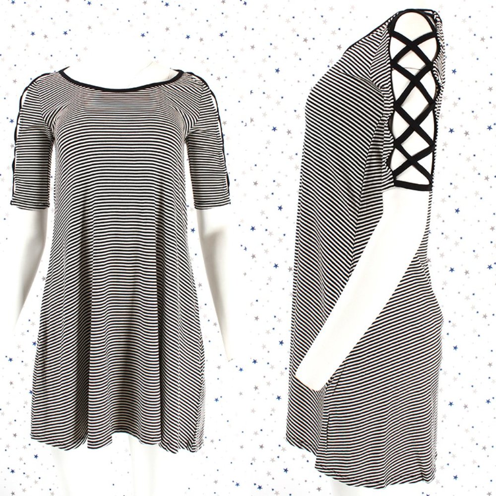 Strappy Sleeve Striped Dress Black Off White